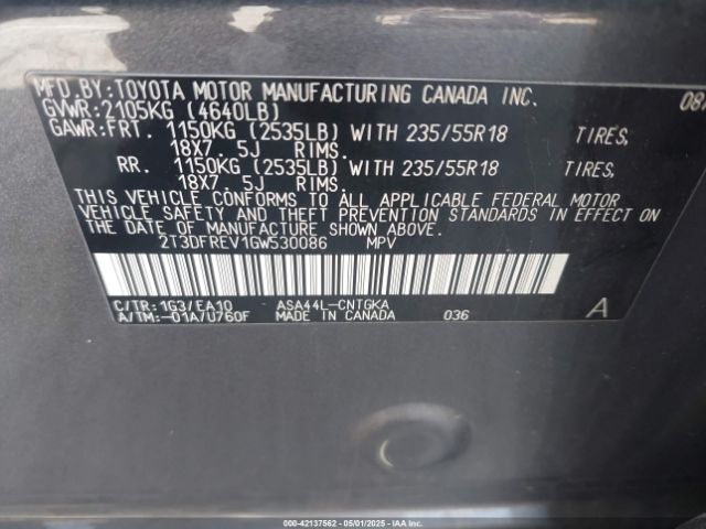 2T3DFREV1GW530086 Toyota Rav4 Limited