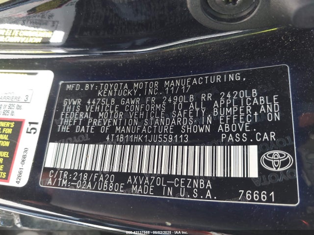 4T1B11HK1JU559113 Toyota CAMRY LE
