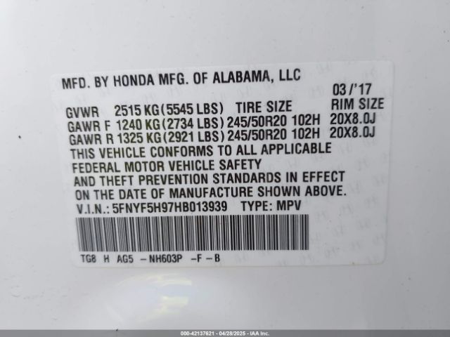 5FNYF5H97HB013939 Honda Pilot Touring