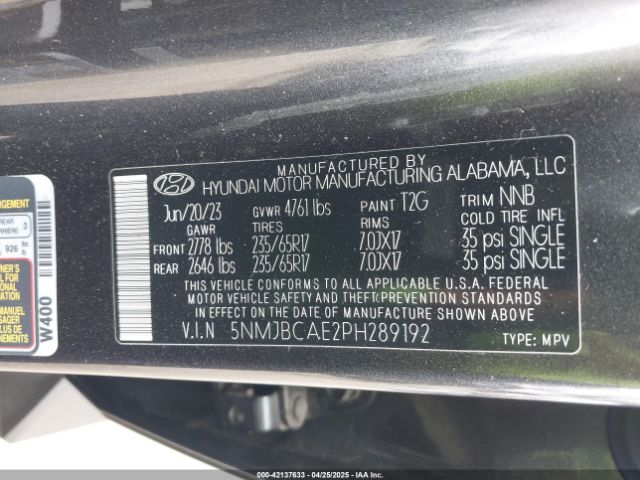 5NMJBCAE2PH289192 Hyundai TUCSON SEL