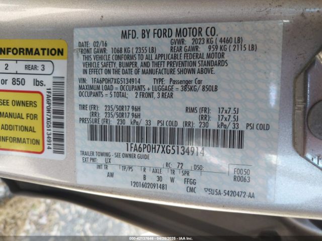 1FA6P0H7XG5134914 Ford FUSION SE