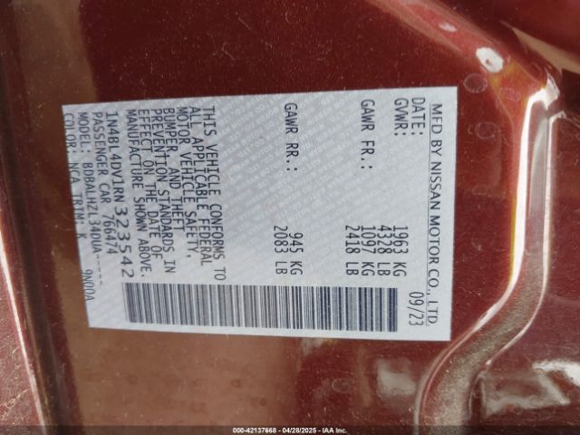 1N4BL4DV1RN323542 Nissan Altima Sv Fwd