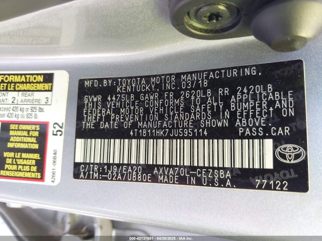 4T1B11HK7JU595114 Toyota CAMRY SE