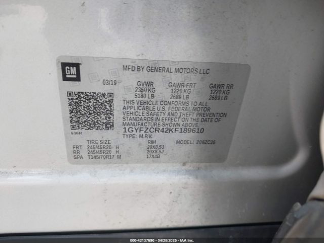 1GYFZCR42KF189610 Cadillac Xt4 Premium Luxury