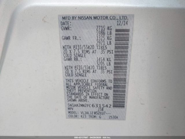 5N1AR2MN2FC631542 Nissan Pathfinder Platinum