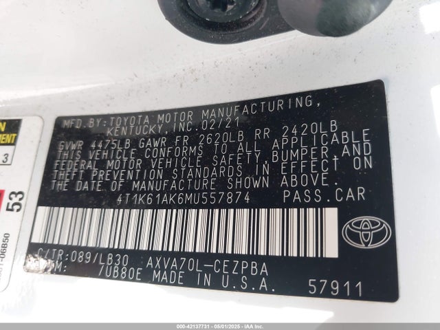 4T1K61AK6MU557874 Toyota CAMRY XSE