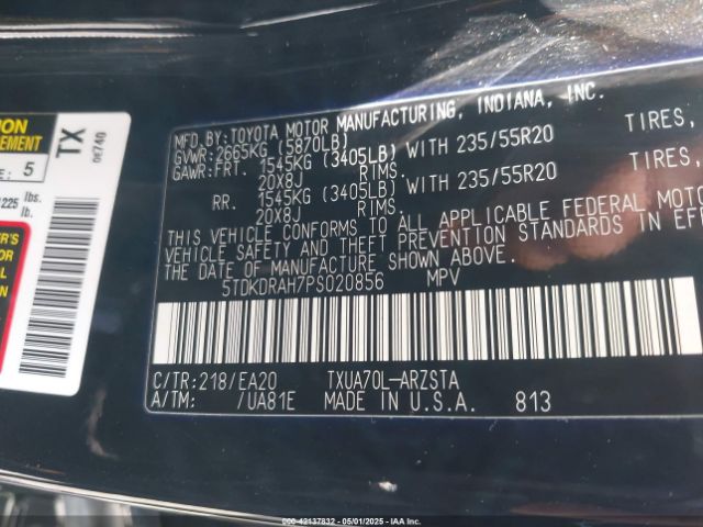 5TDKDRAH7PS020856 Toyota Highlander Xse