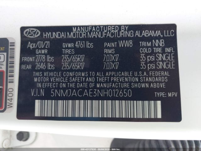 5NMJACAE3NH012650 Hyundai TUCSON SE