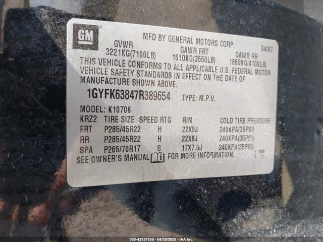 2007 CADILLAC ESCALADE 1GYFK63847R389654 Photo 8