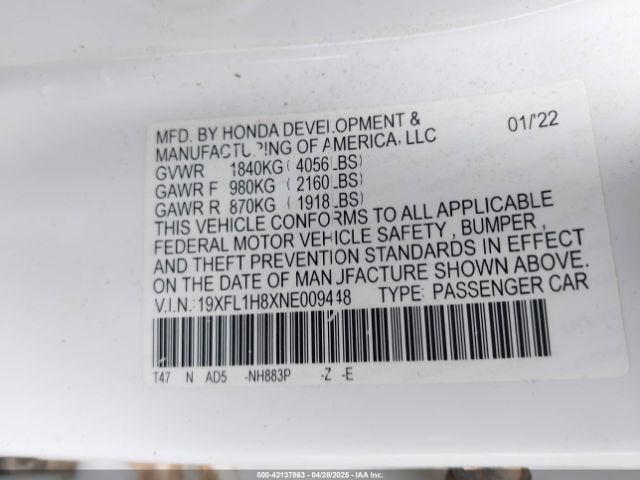 19XFL1H8XNE009448 Honda Civic Sport Touring