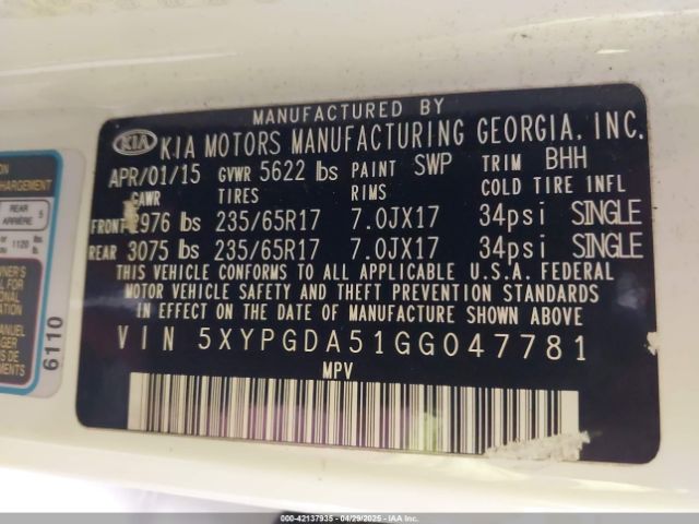 5XYPGDA51GG047781 KIA Sorento 3.3l Lx