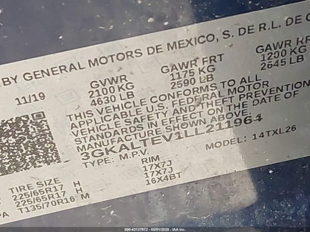 3GKALTEV1LL211964 GMC Terrain Awd Sle