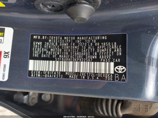 5YFBURHE0KP922567 Toyota COROLLA L