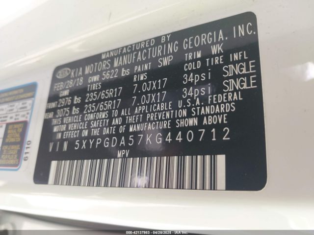 5XYPGDA57KG440712 KIA Sorento 3.3l Lx