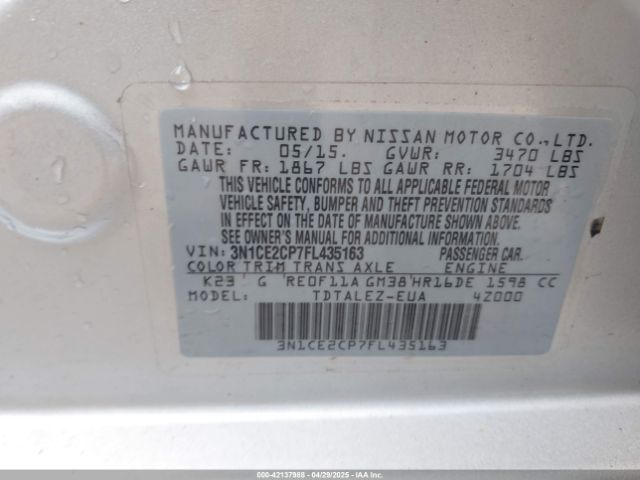 3N1CE2CP7FL435163 Nissan Versa Note Sl