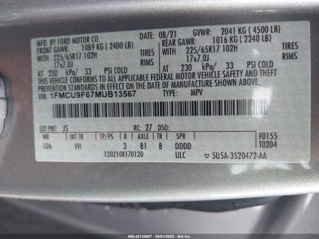 1FMCU9F67MUB13567 Ford ESCAPE S