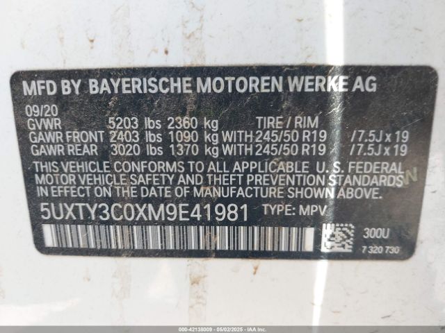 5UXTY3C0XM9E41981 BMW X3 Sdrive30i