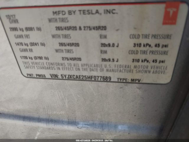 5YJXCAE25HF077689 Tesla Model X 100d/75d/90d