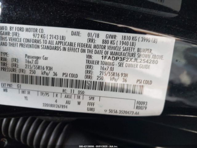 1FADP3F2XJL254280 Ford FOCUS SE