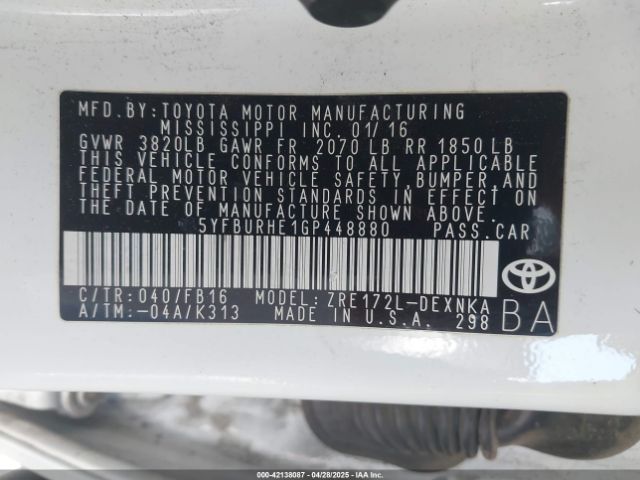 5YFBURHE1GP448880 Toyota Corolla Le Plus