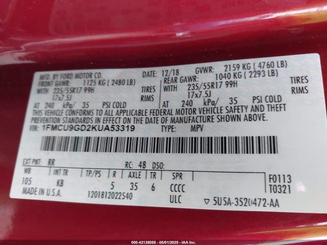 1FMCU9GD2KUA53319 Ford ESCAPE SE