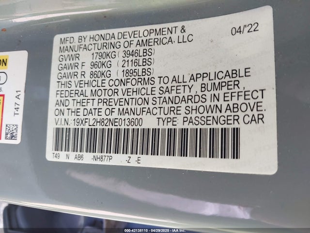 19XFL2H82NE013600 Honda Civic Sport