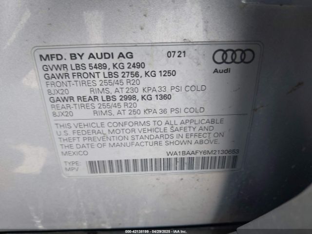 WA1BAAFY6M2130653 Audi Q5 Premium Plus 45 Tfsi Quattro S Tronic