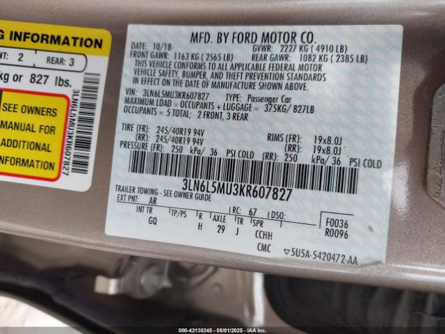 3LN6L5MU3KR607827 Lincoln Mkz Hybrid Reserve Ii