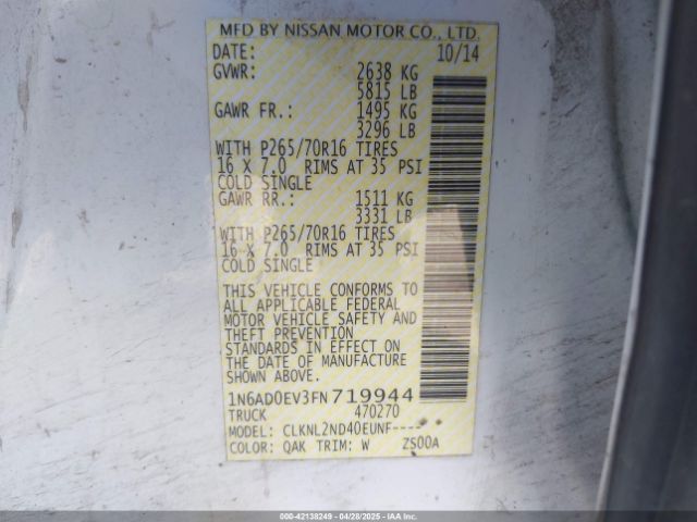 1N6AD0EV3FN719944 Nissan Frontier Sv