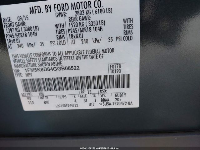 1FM5K8D84GGB08522 Ford EXPLORER XLT