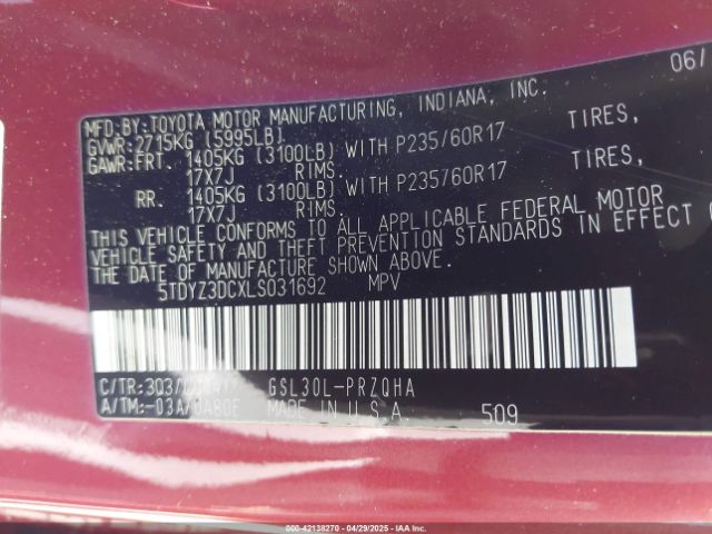 5TDYZ3DCXLS031692 Toyota SIENNA XLE