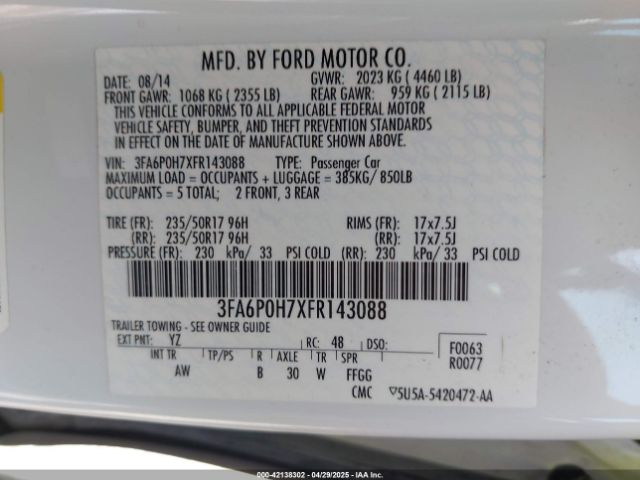 3FA6P0H7XFR143088 Ford FUSION SE
