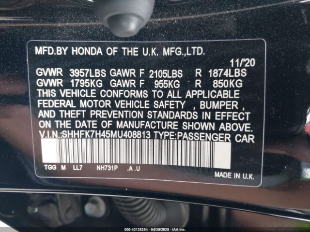 SHHFK7H45MU408813 Honda Civic Sport