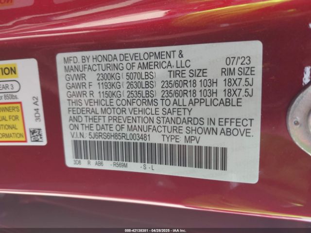 5J6RS6H85RL003481 Honda Cr-v Hybrid Sport-l