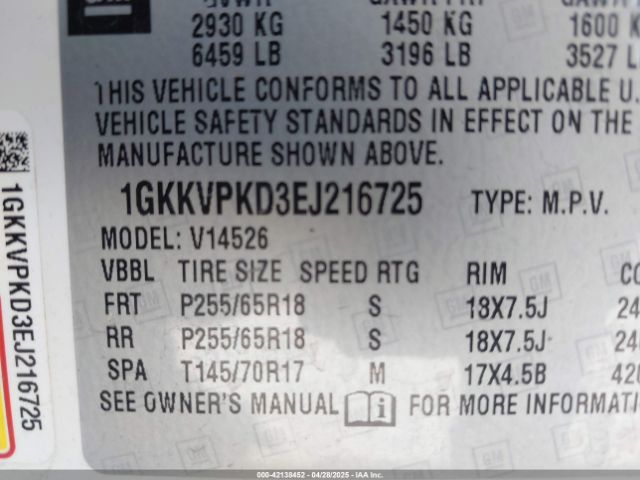 1GKKVPKD3EJ216725 GMC Acadia Sle-2