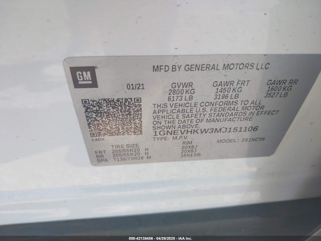 1GNEVHKW3MJ151106 Chevrolet Traverse Awd Lt Leather