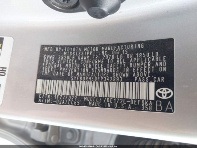 5YFBURHE8FP342893 Toyota Corolla S Plus