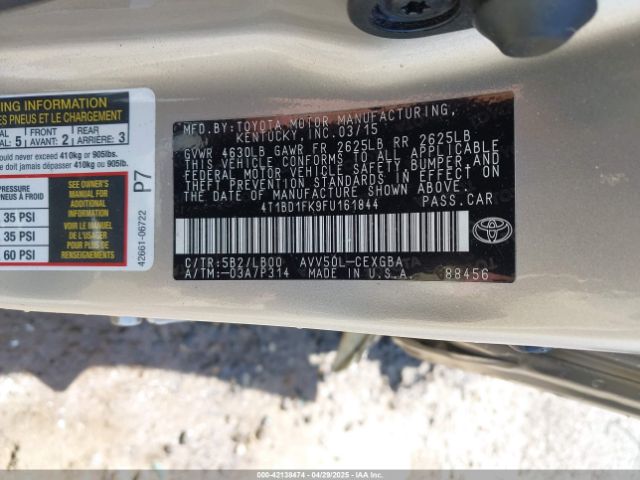 4T1BD1FK9FU161844 Toyota Camry Hybrid Xle
