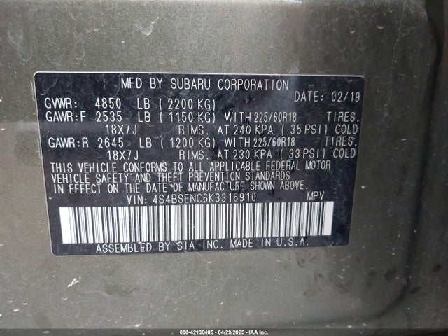 2019 Subaru Outback 3.6r Limited მანქანა იყიდება აუქციონზე, vin: 4S4BSENC6K3316910, აუქციონის ნომერი: 42138485