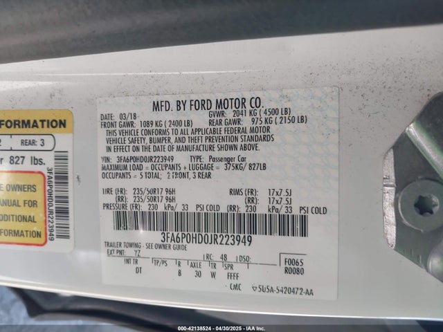 3FA6P0HD0JR223949 Ford FUSION SE
