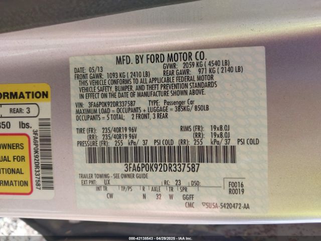2013 FORD FUSION 3FA6P0K92DR337587 Photo 8