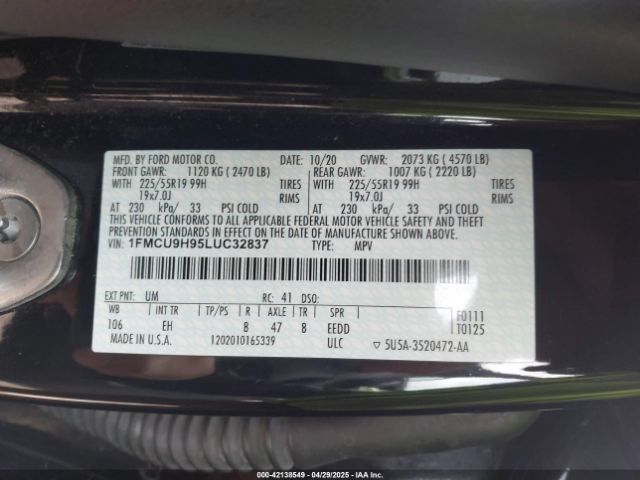 1FMCU9H95LUC32837 Ford ESCAPE SEL