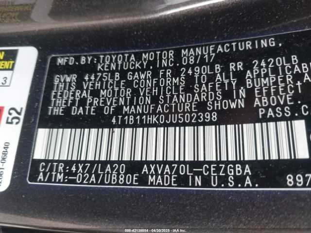 4T1B11HK0JU502398 Toyota CAMRY XLE