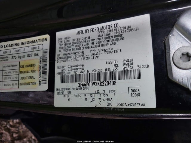 3FA6P0D92KR220408 Ford Fusion Titanium