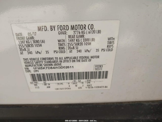 1FM5K7D84HGD02611 Ford EXPLORER XLT