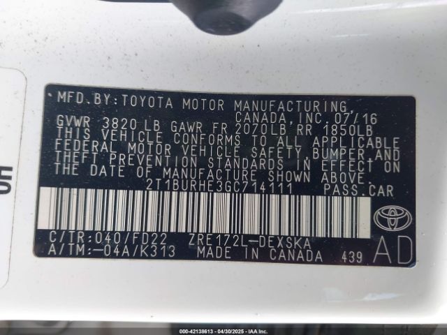 2T1BURHE3GC714111 Toyota Corolla S Plus
