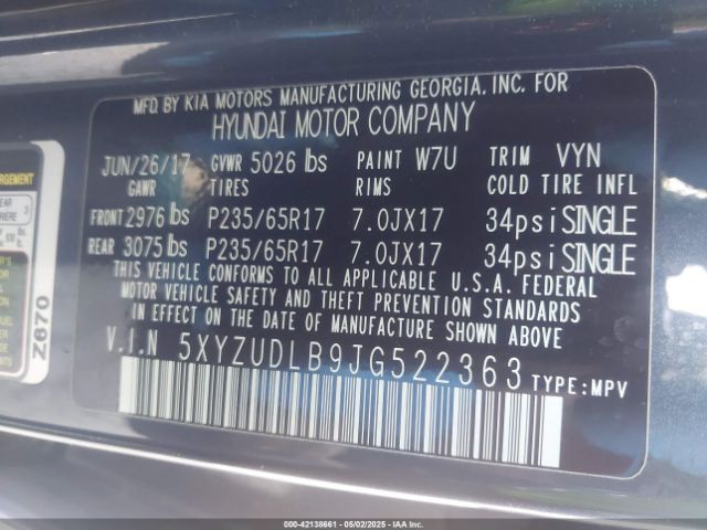 5XYZUDLB9JG522363 Hyundai Santa Fe Sport 2.4l
