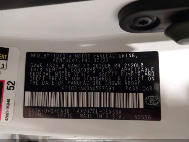 4T1G31AK0NU597691 Toyota Camry Se Hybrid