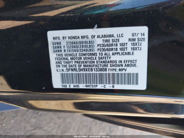 5FNRL5H9XEB133808 Honda Odyssey Touring/touring Elite