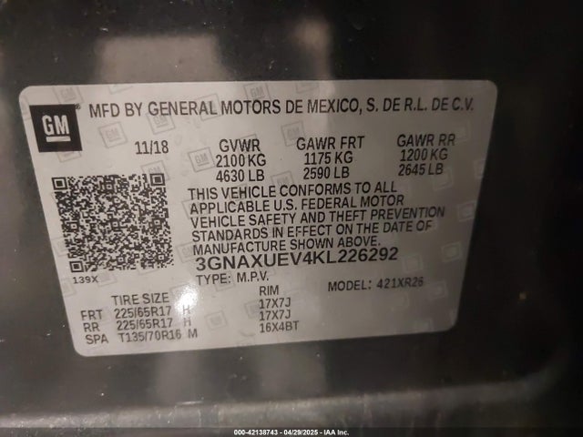 3GNAXUEV4KL226292 Chevrolet EQUINOX LT